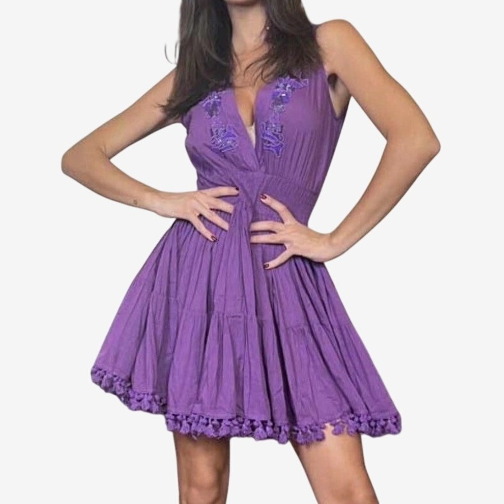 Antica Sartoria Purple Embroidered Pom Pom Mini Dress Smocked Cotton Cover Up OS